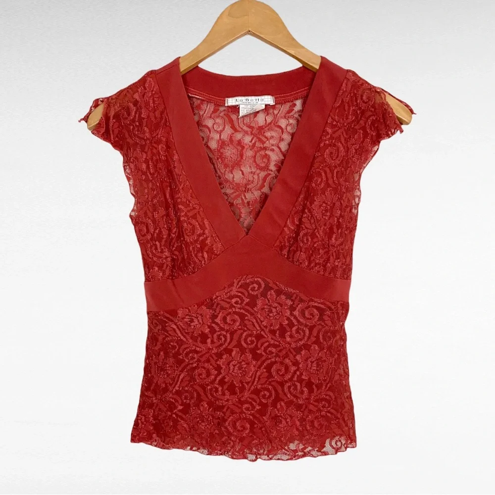 VINTAGE | La Belle | Maroon Delicate Lace Mesh V-Neck Romantic Y2K Sheer Blouse - Picture 2 of 6